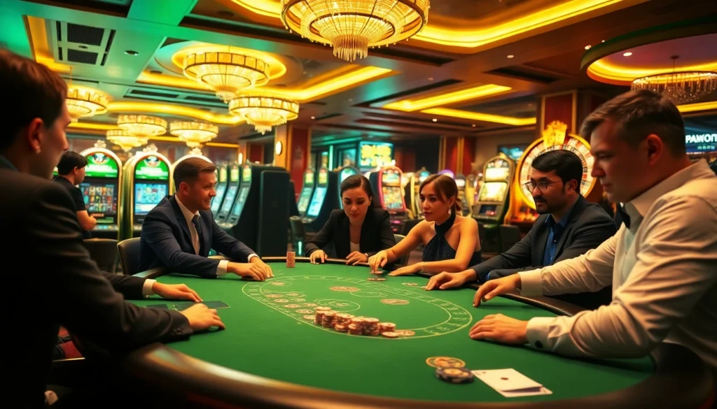 An immersive scene of players enjoying an LC 88 poker game in an upscale casino with vibrant slot machines.