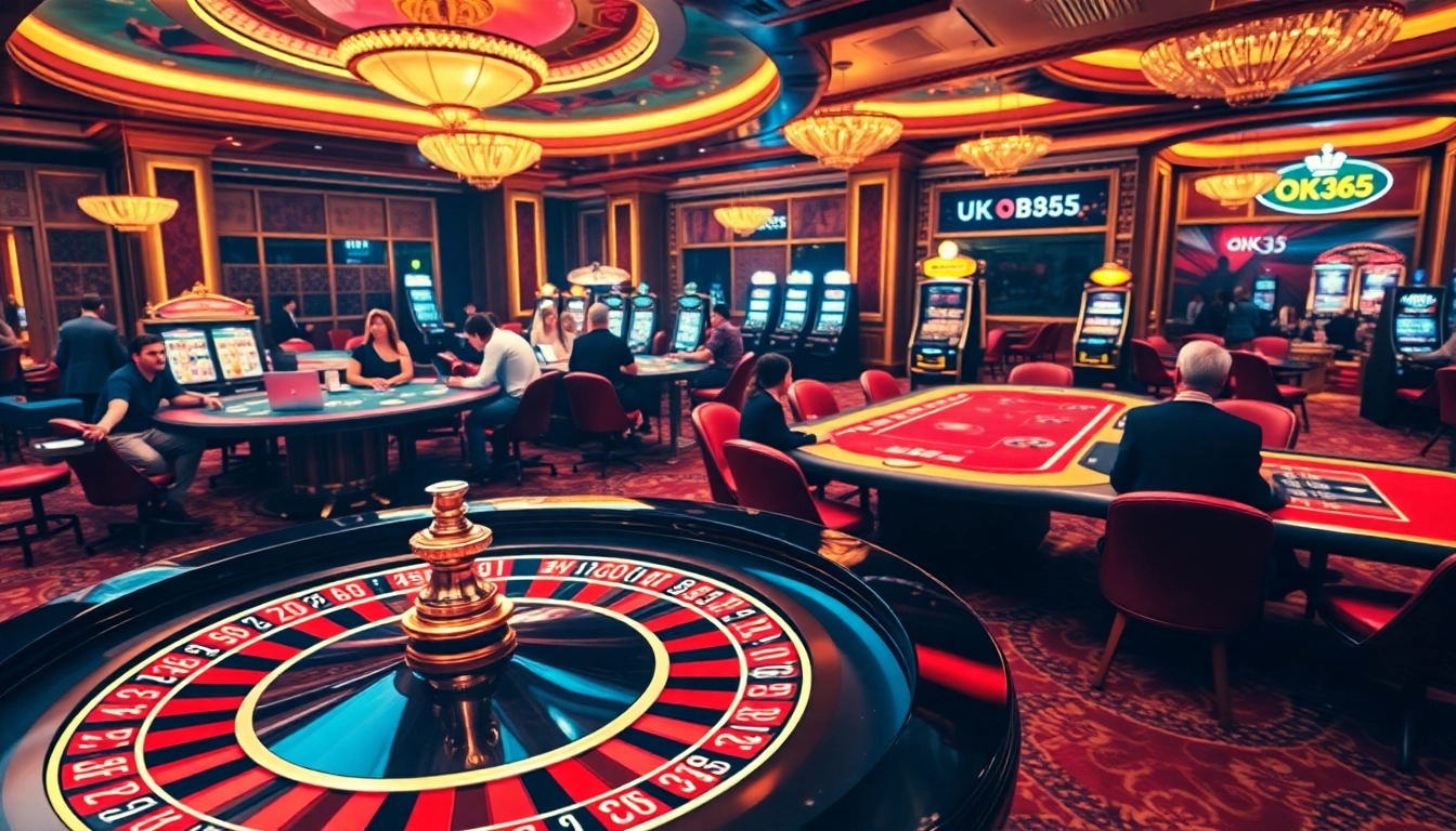 Engaging OK365 casino experience with thrilling poker and slot games in a vibrant setting.