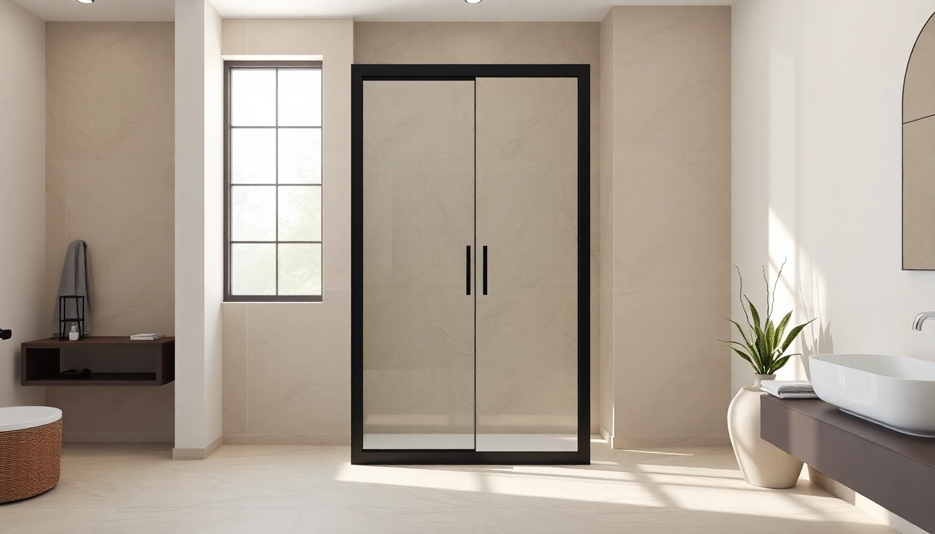 Showcase a black frame shower door in a luxurious modern bathroom environment.