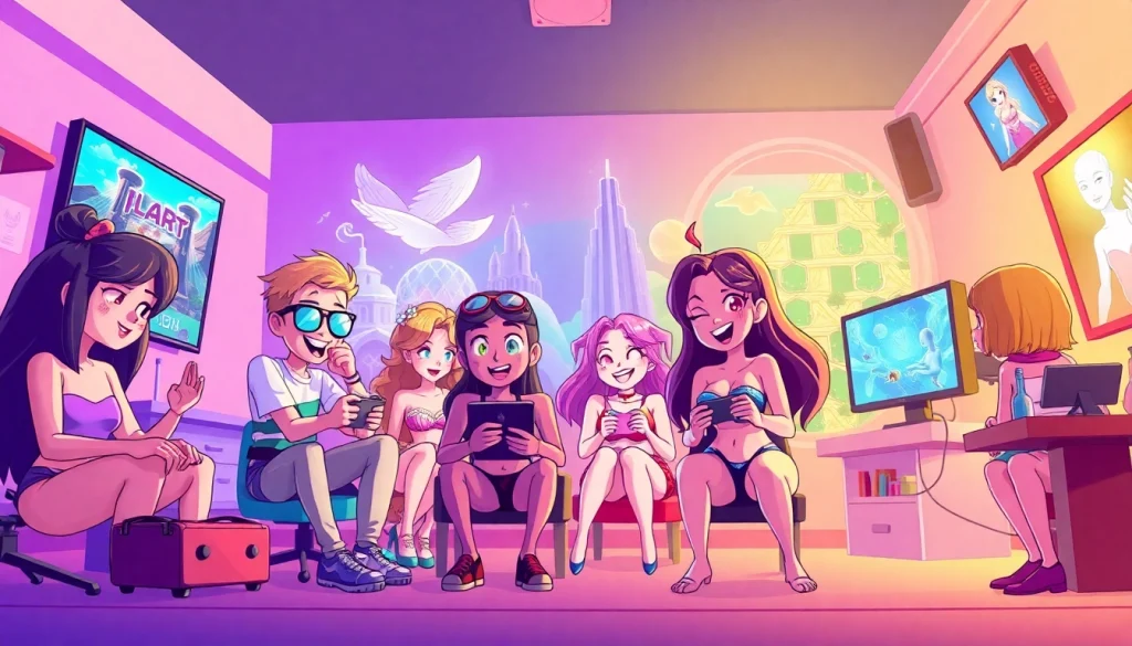 Explore exciting free porn games featuring vibrant characters and playful settings in this colorful illustration.