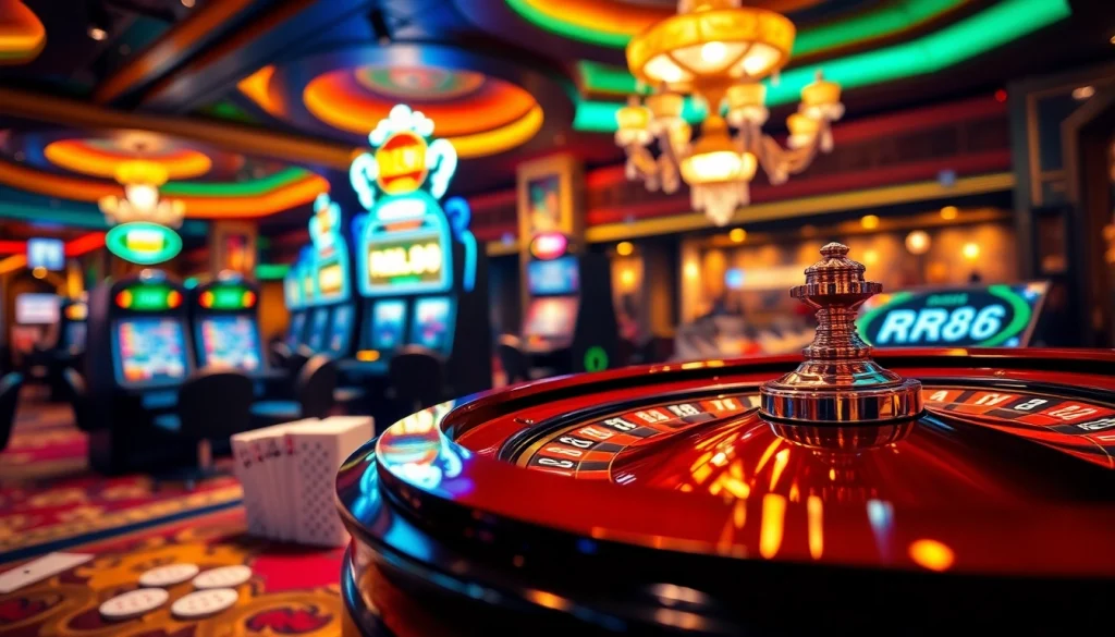 RR88 gaming experience highlighted with roulette, poker, and slot machines in a stylish casino.