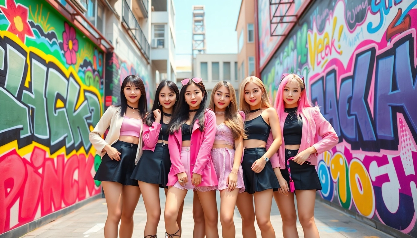 BLACKPINK members Jisoo, Jennie, Rosé, and Lisa showcased in a vibrant urban setting.