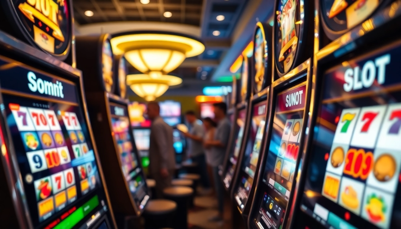 Menampilkan slot deposit 1000 dengan mesin permainan yang bersinar di kasino