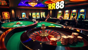Players enjoying a thrilling gaming experience at RR88 casino with vibrant tables and luxurious ambiance.
