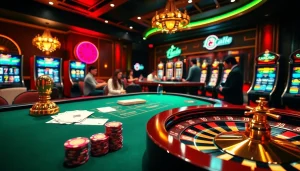 Cảnh casino sôi động giới thiệu LUCK8 và LUCKY8 với bàn chơi tươi sáng, máy đánh bạc đầy màu sắc và các người chơi háo hức.