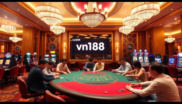 Excited gamblers at a luxurious casino table featuring vn168 đăng nhập, chips, and cards.