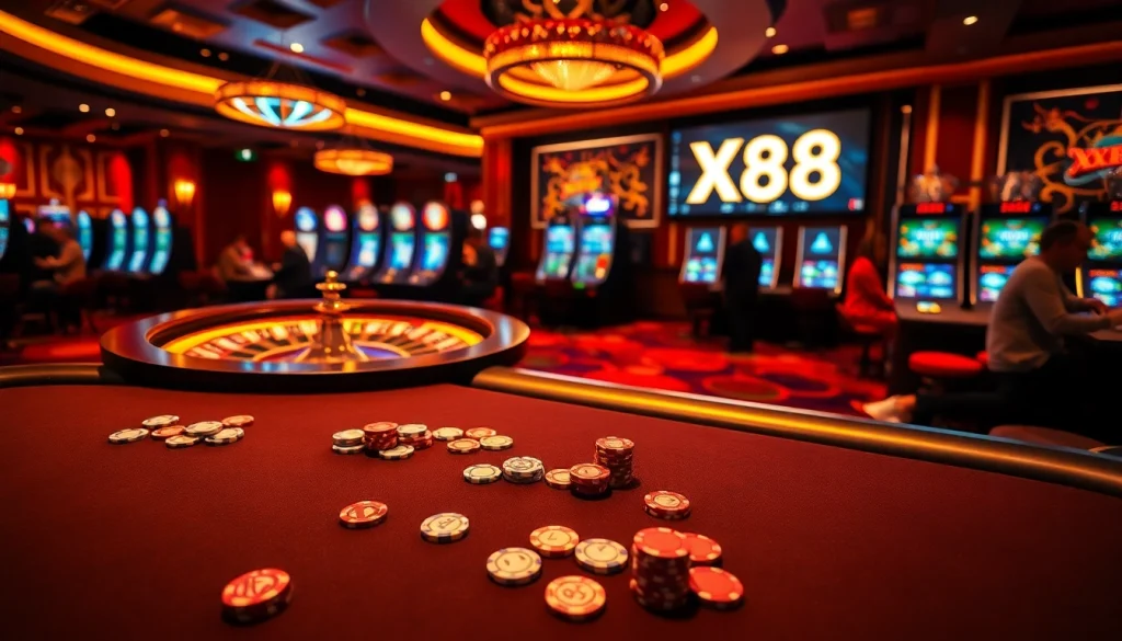 Experience the thrill of gaming with XX88 at a luxurious poker table in a vibrant casino setting.