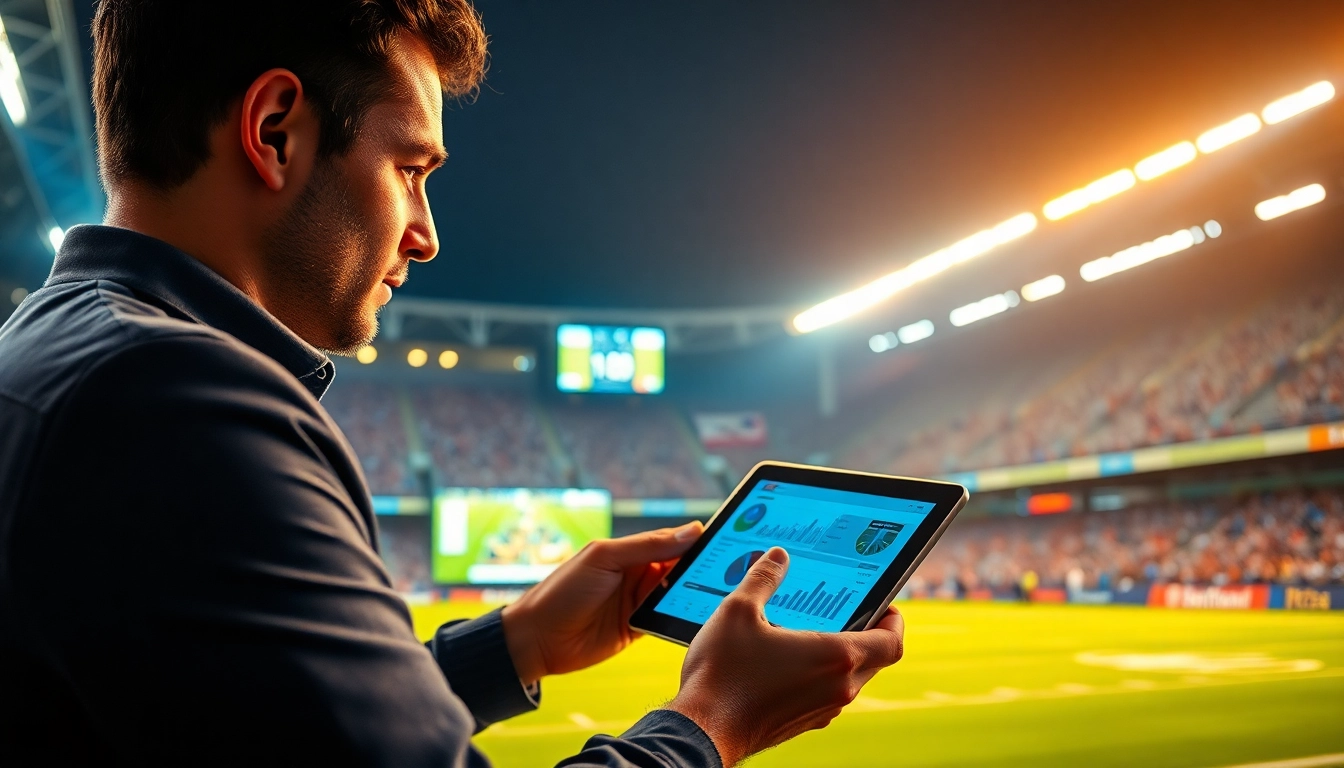 Analyze ผลบอลสดภาษาไทย live in a football stadium as a sports analyst examines game statistics.