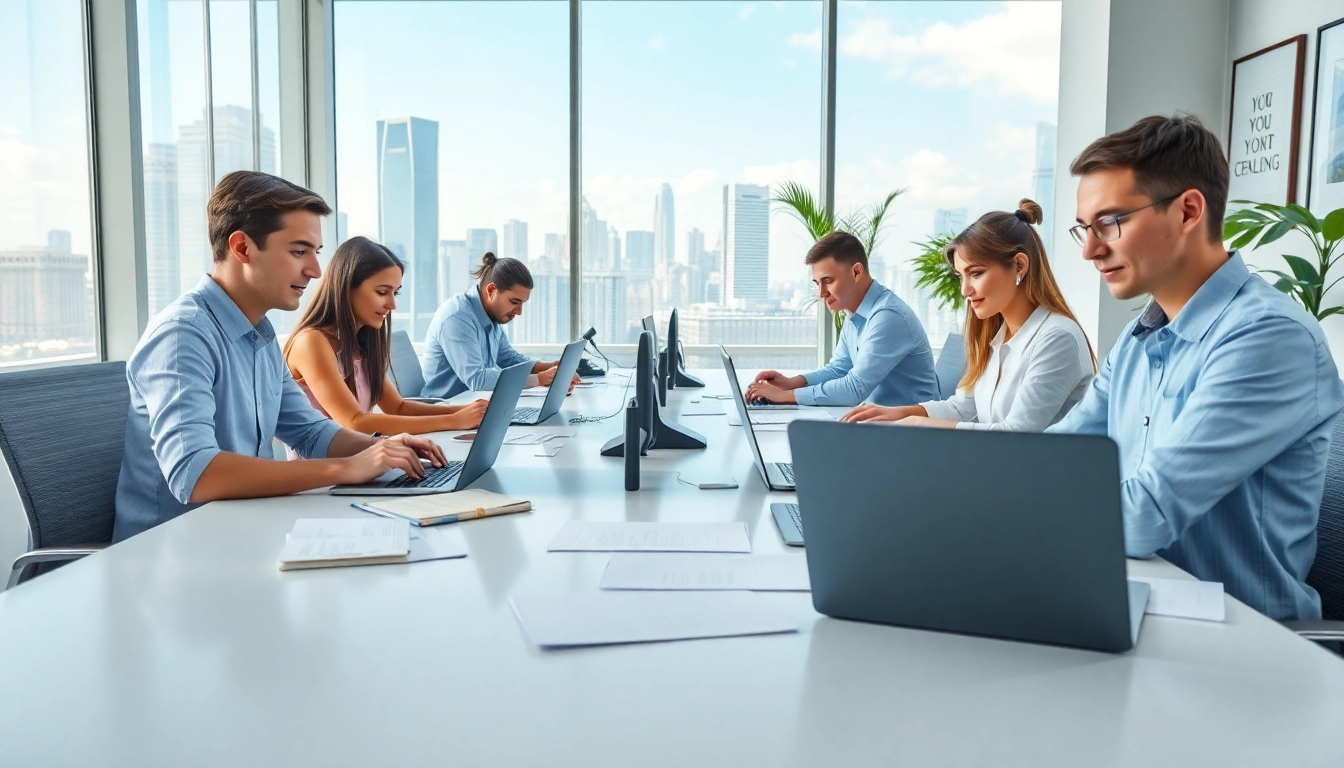 Typing center professionals collaborating in a modern office environment