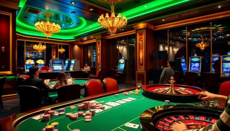 Players engaged in a thrilling poker game at a luxurious casino while revealing J88 branding on tables.