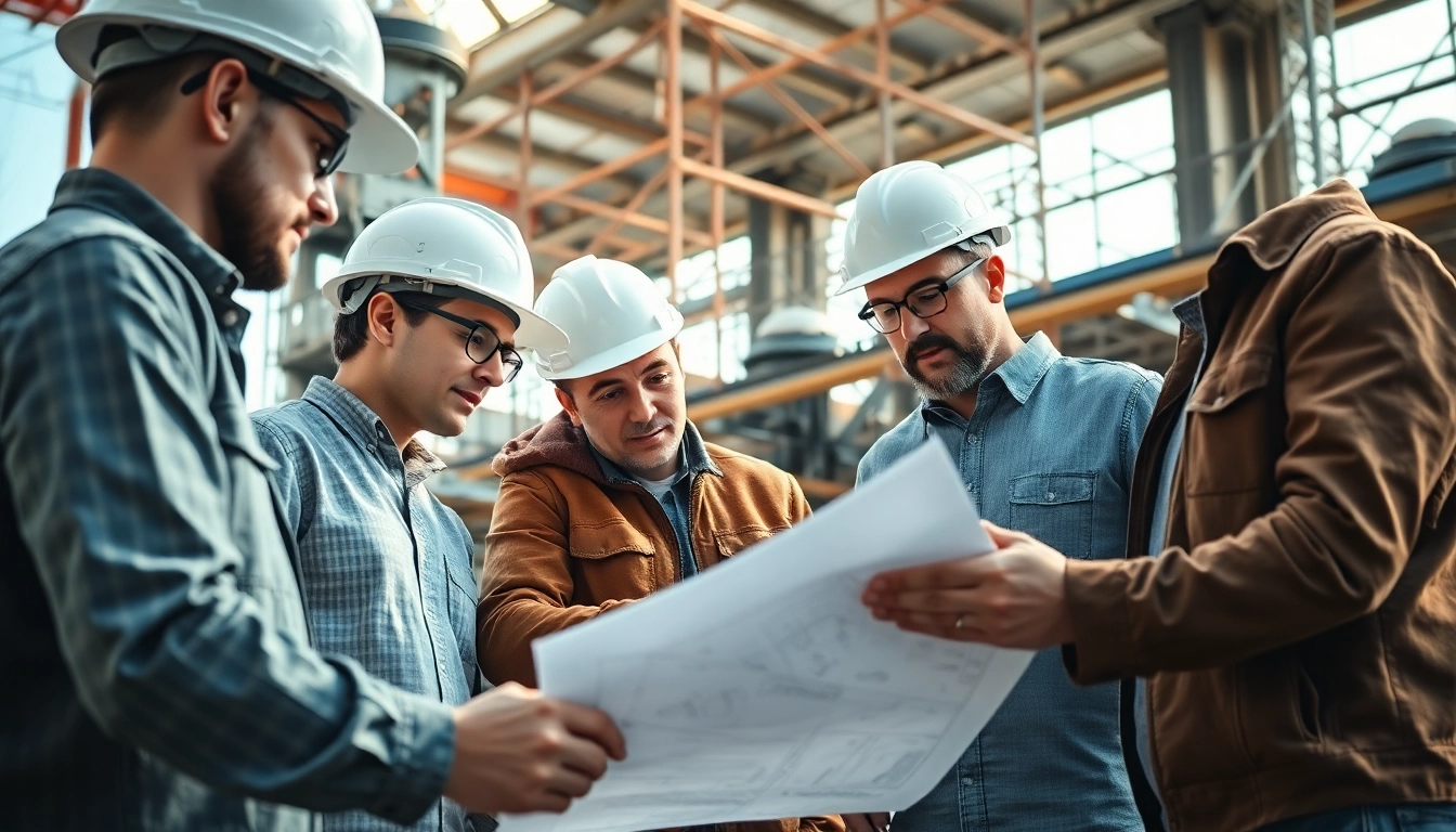 Construction member organization team analyzing plans at a lively work site.