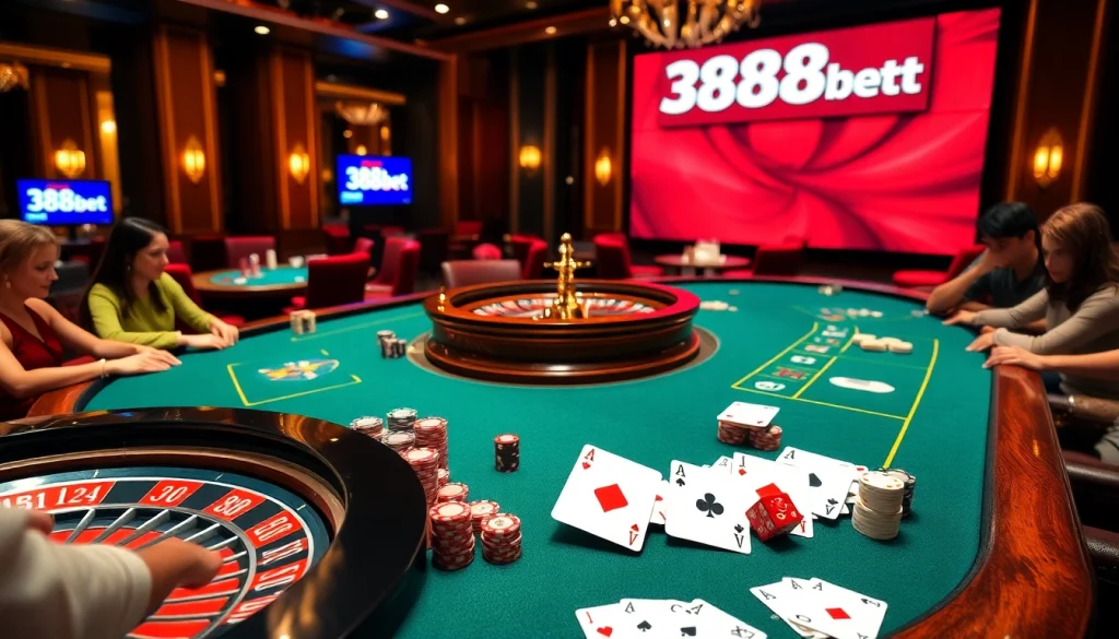 Players enjoying a thrilling poker game at 388bet's luxurious casino tables with vibrant chips and cards.