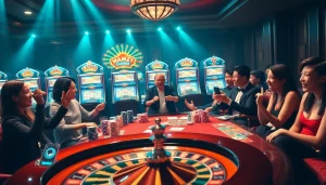 Excited gamblers engaging in high-stakes games at nhà cái i9bet's luxury casino table.