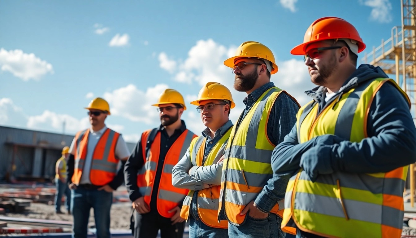Engaged construction team discussing safety programs on a sunny job site.