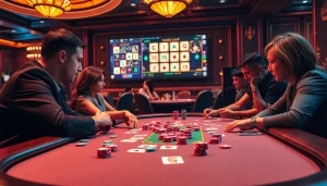 Engage in רמיקוב אונליין at an elegant poker table surrounded by vibrant casino elements.