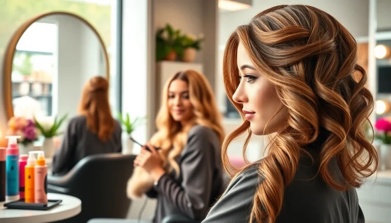 Stylish salon de coafura showcasing a professional hairstylist and vibrant hair designs.