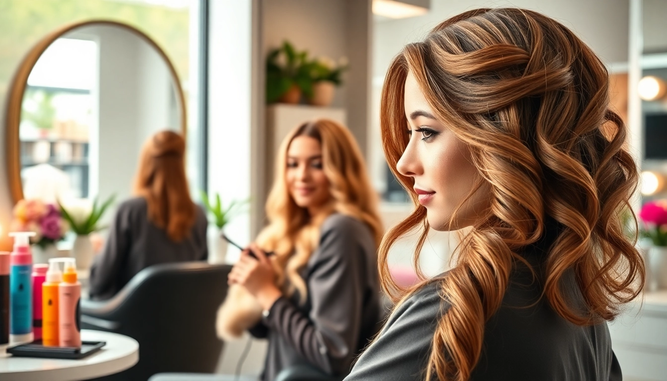 Stylish salon de coafura showcasing a professional hairstylist and vibrant hair designs.