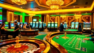 Excited gamblers enjoying games at BK8THAI casino with vibrant tables and roulette wheel.