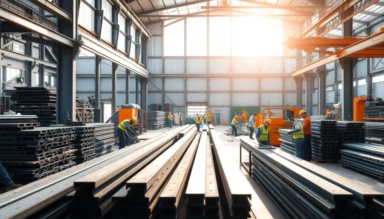 Dynamic structural steel fabrication workshop with artisans crafting metal beams efficiently.