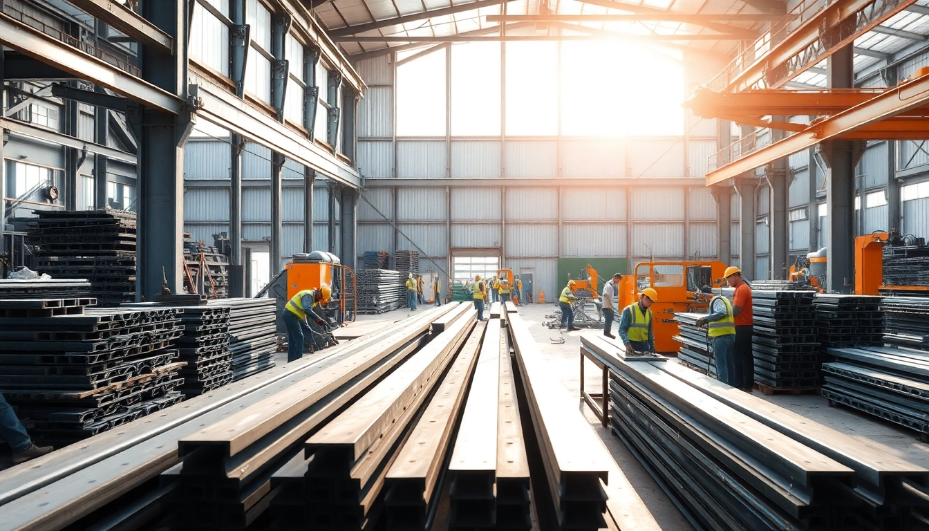Dynamic structural steel fabrication workshop with artisans crafting metal beams efficiently.
