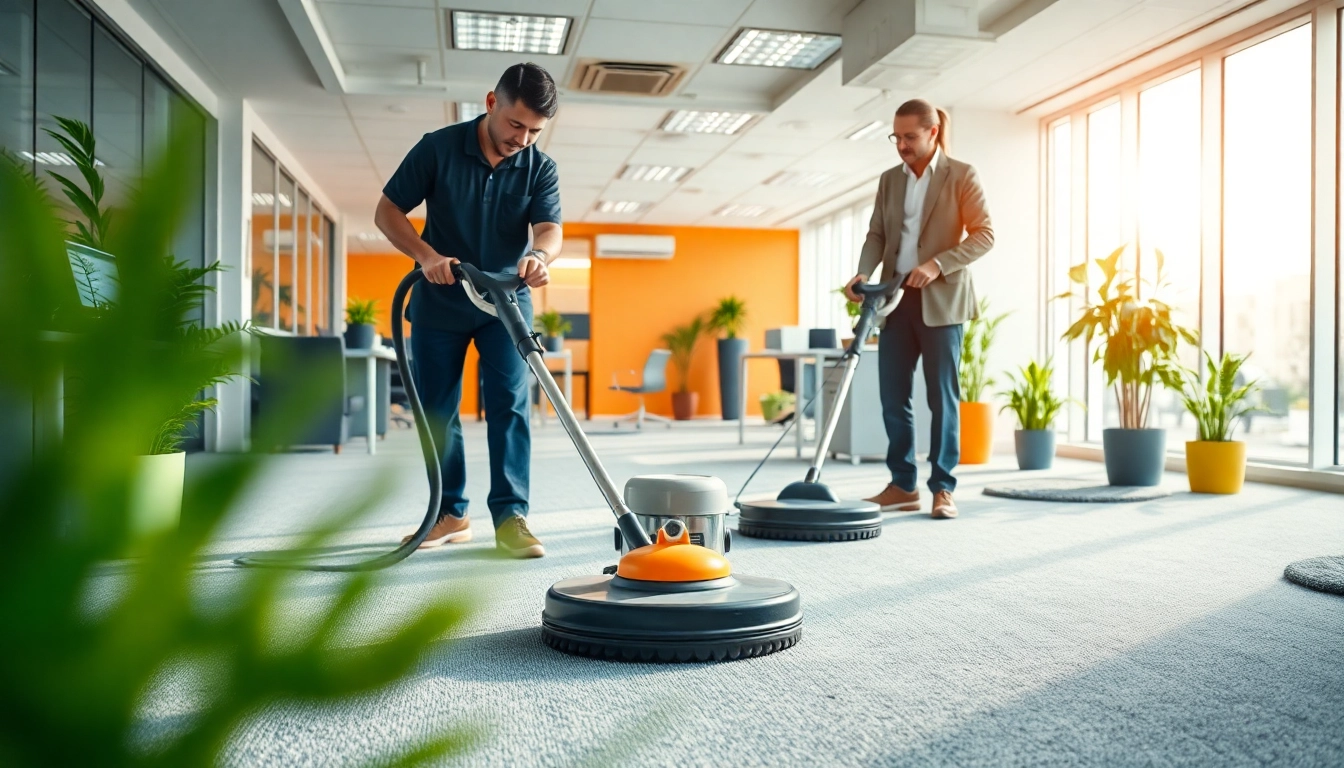 Team engaged in commercial carpet cleaning in a professional office setting, ensuring a hygienic work environment.