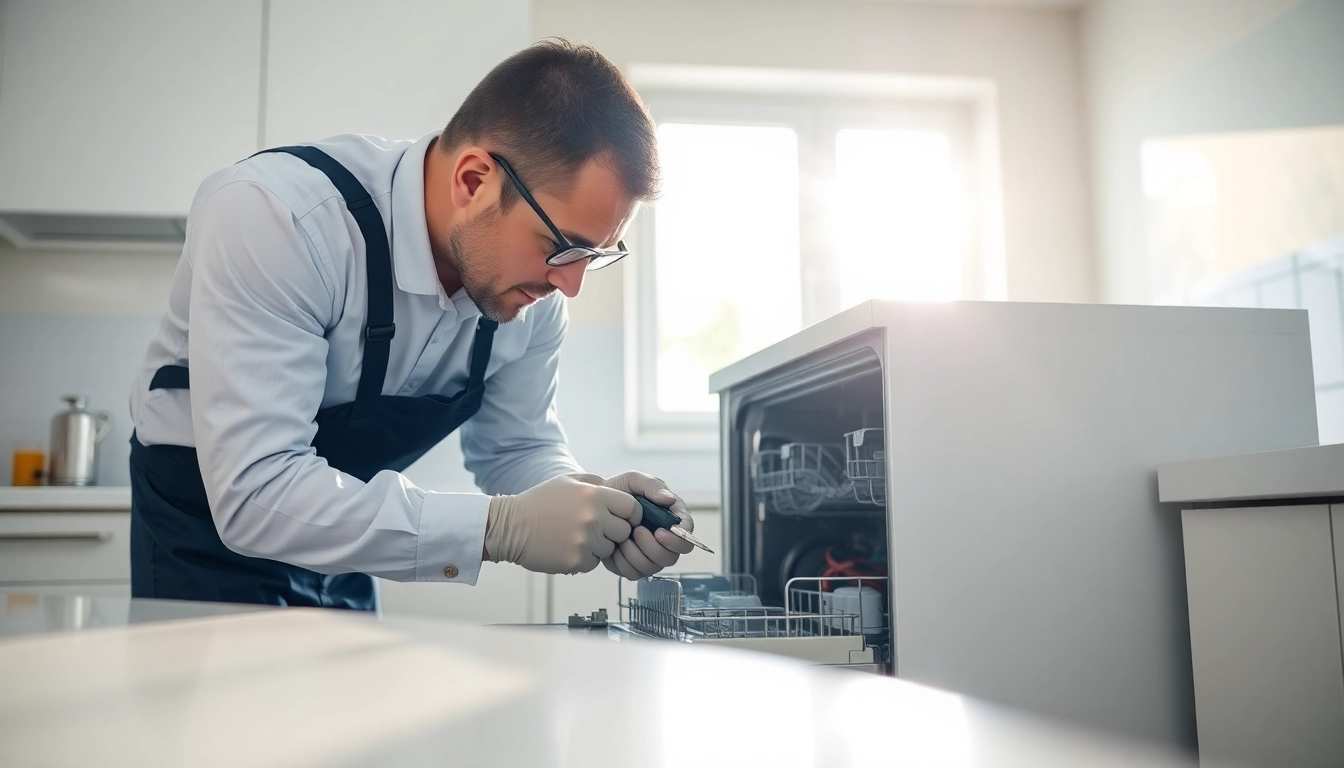 BOSCH dishwasher repair technician diagnosing issues in a modern kitchen setting