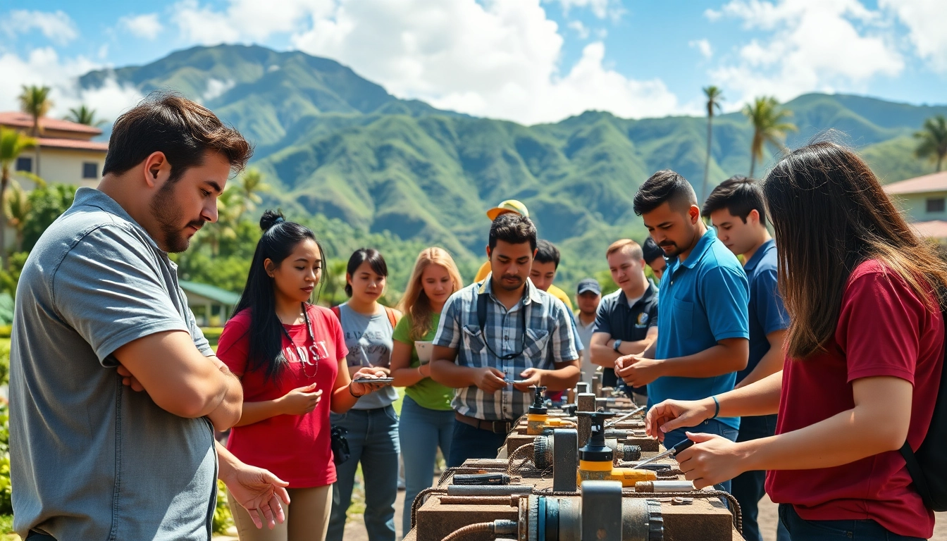 Students in a hawaii trade school learning practical skills amidst vibrant Hawaiian scenery.