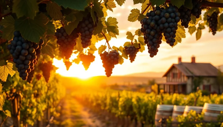 Sample of wineries in Clarksburg showcasing vineyards under a sunset.