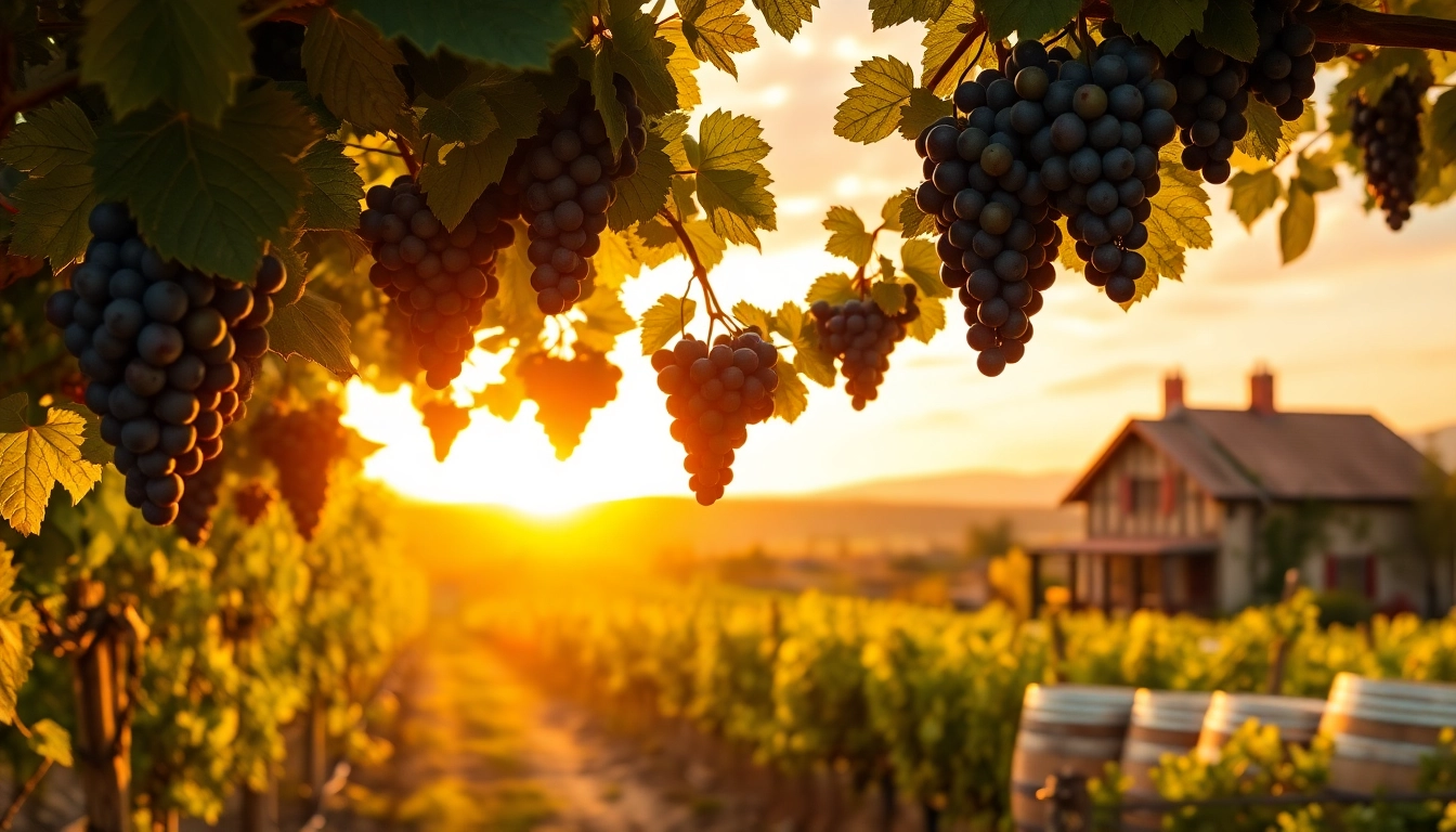 Sample of wineries in Clarksburg showcasing vineyards under a sunset.
