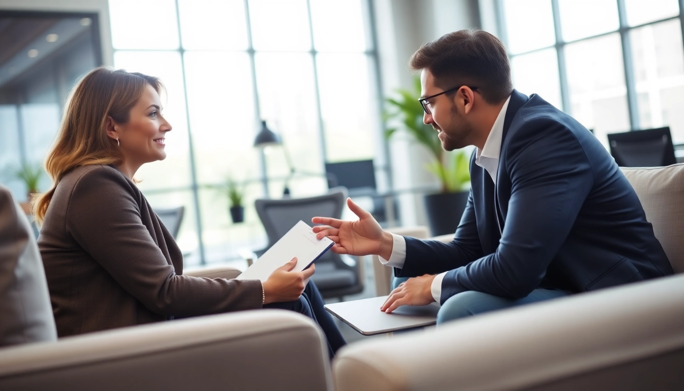 Engaged session with a business coach near me guiding a client in a modern office.