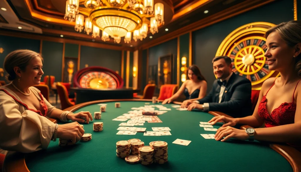 Experience the excitement of 58win at a luxurious casino poker table with vibrant chips and players.