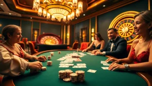 Experience the excitement of 58win at a luxurious casino poker table with vibrant chips and players.