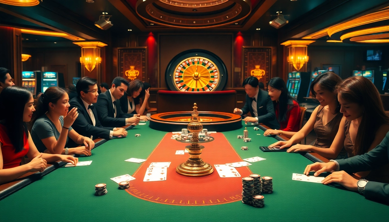 Engaging scene of gamblers analyzing tỷ lệ kèo nhà cái hôm nay at a luxurious casino table with poker chips and cards.