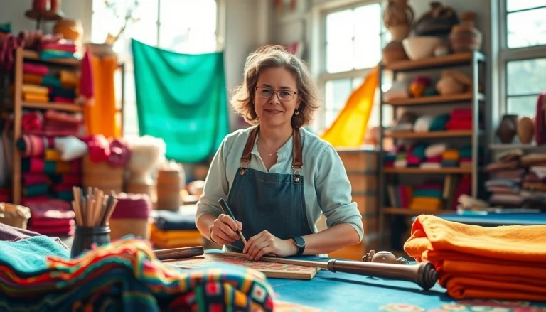 Badstof creatie in een levendige werkplaats met kleurrijke textielproducten.