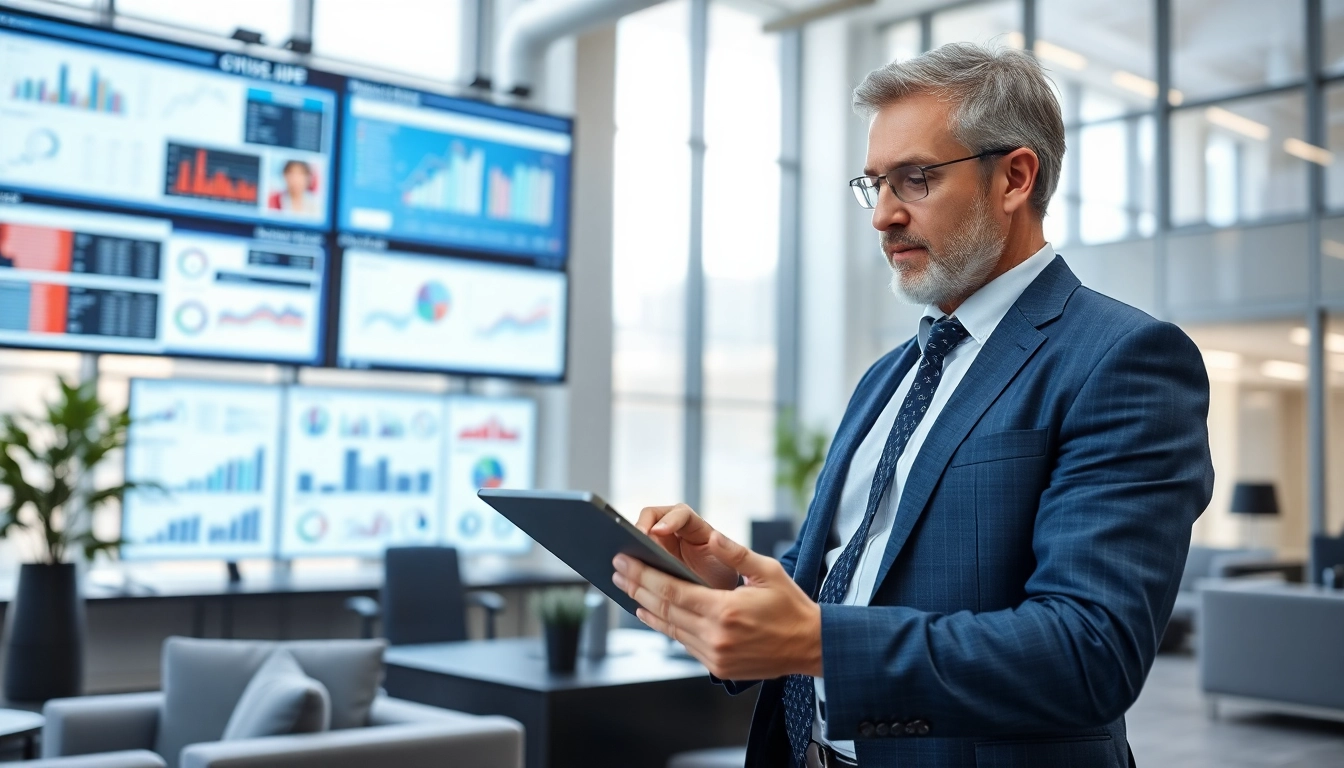Crisis management consultant analyzing data in a professional office setting.