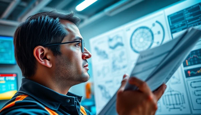 Engineer reviewing das 140 specifications with digital displays in a modern workspace.