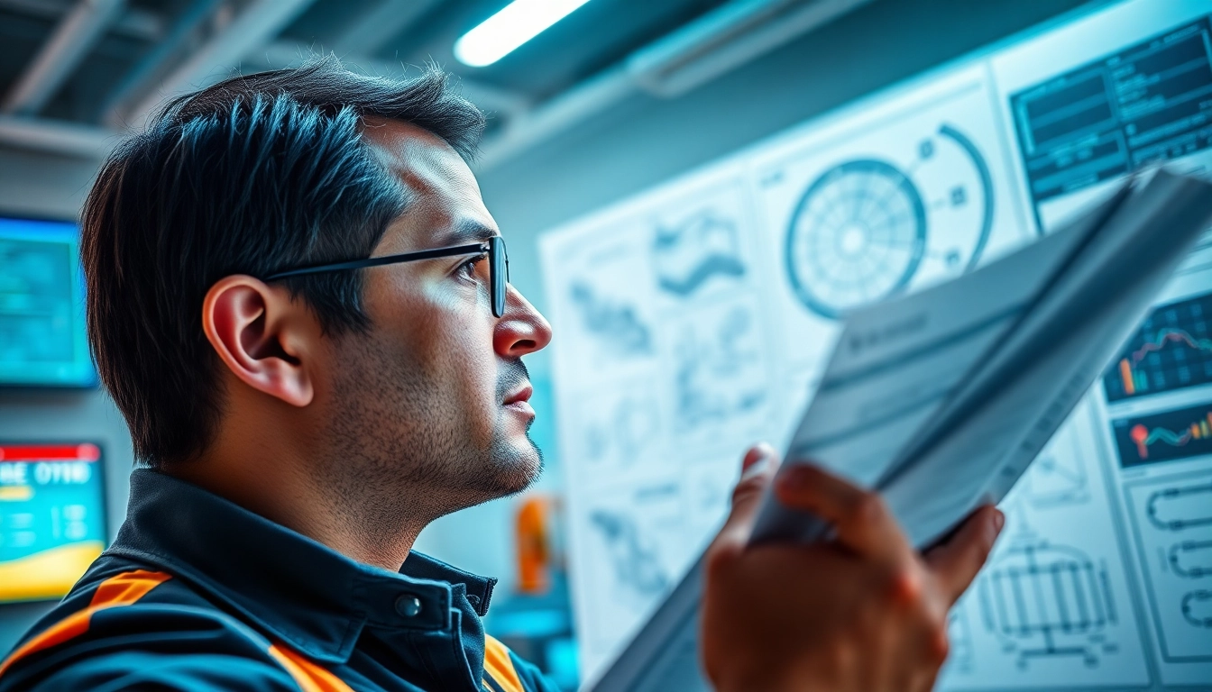 Engineer reviewing das 140 specifications with digital displays in a modern workspace.