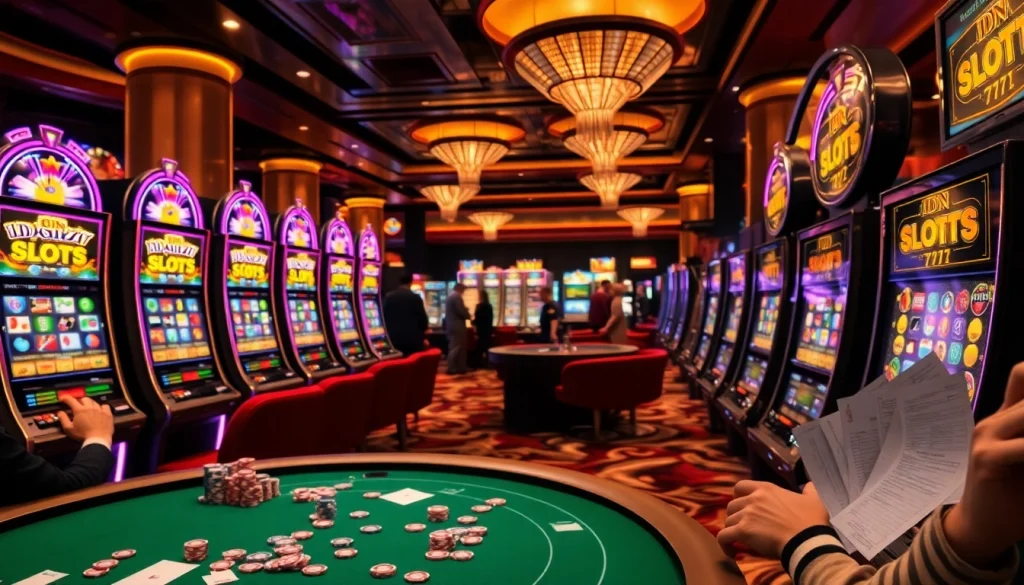 IDN Slot 777 players engaging with bright slot machines and casino tables, showcasing excitement and luxury in gambling.