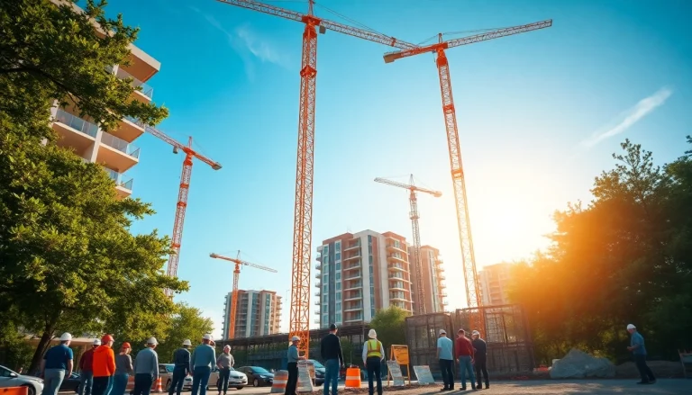 Austin construction team collaborating on a residential project with cranes in the background.