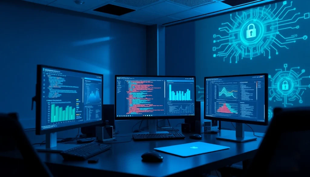 Cybersecurity AI workstation displaying analytics and innovative technology.