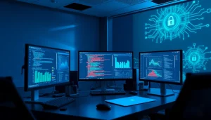 Cybersecurity AI workstation displaying analytics and innovative technology.