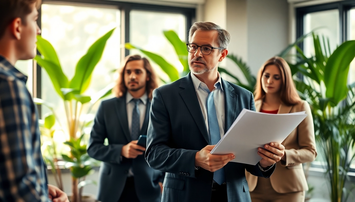 Environmental lawyer consulting engaged clients in a sunlit office, showcasing expertise.