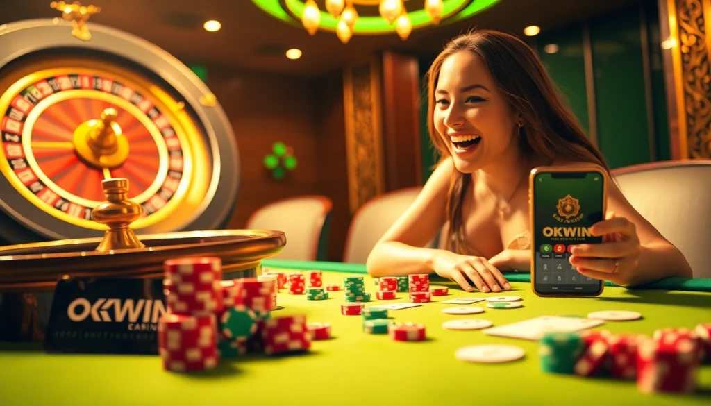 Experience the excitement of online gaming at OKWIN with a vibrant casino table scene.