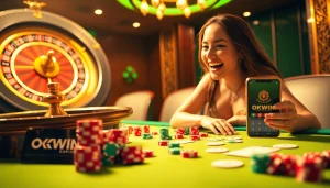 Experience the excitement of online gaming at OKWIN with a vibrant casino table scene.