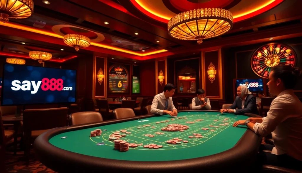 Players strategizing at a high-stakes poker game with say88 com branding, showcasing excitement and luxury.