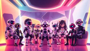Vibrant digital scene depicting diverse NSFW character AI avatars in a futuristic lounge.