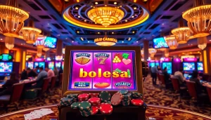 Para penjudi menikmati aksi slot depo pulsa di kasino mewah dengan mesin slot yang berwarna-warni.