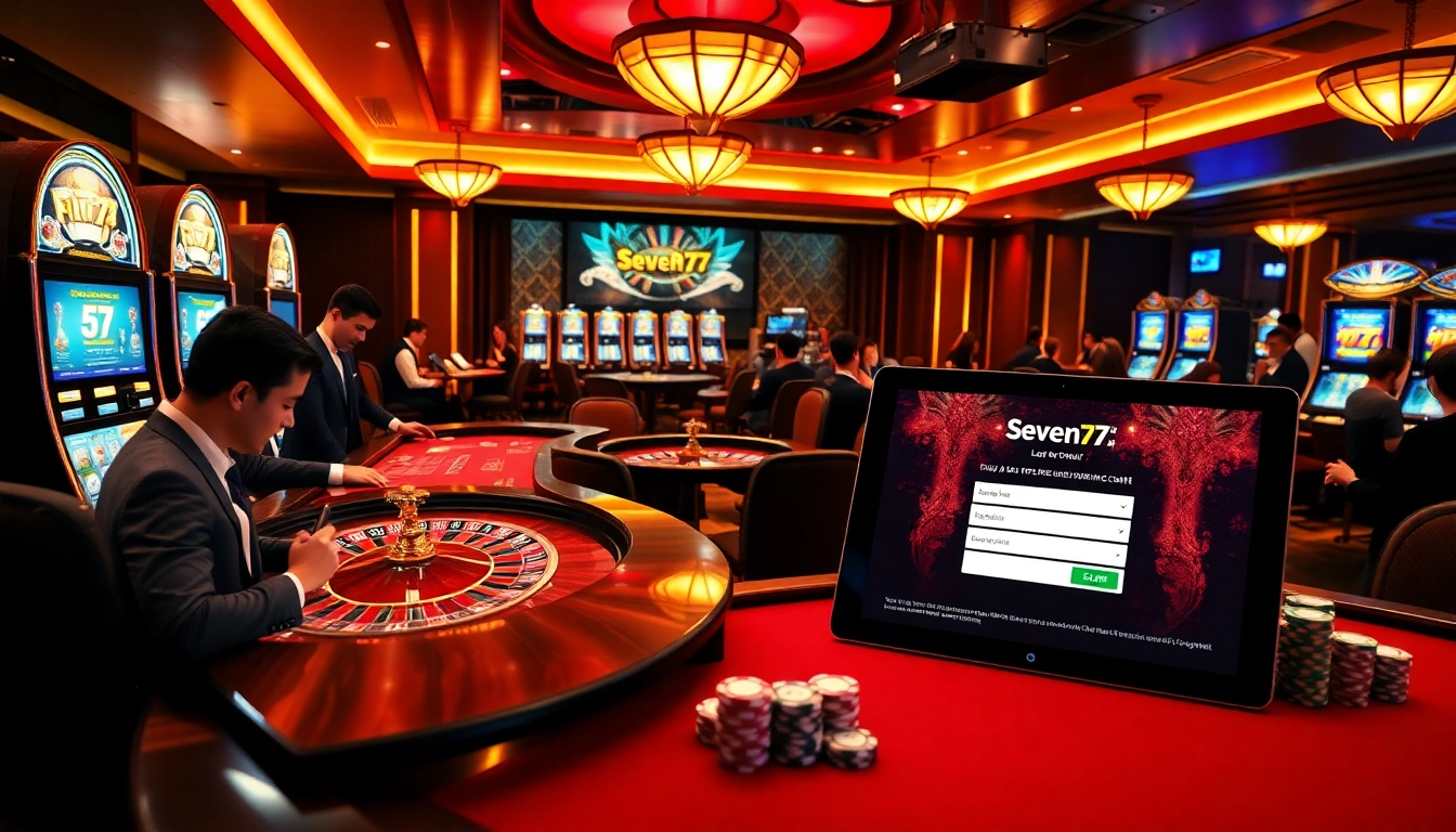 A player engaging in thrilling gameplay at an elegant casino while accessing seven77 login on a tablet.