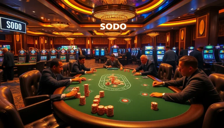 SODO casino scene with players at a poker table, vibrant atmosphere full of excitement.