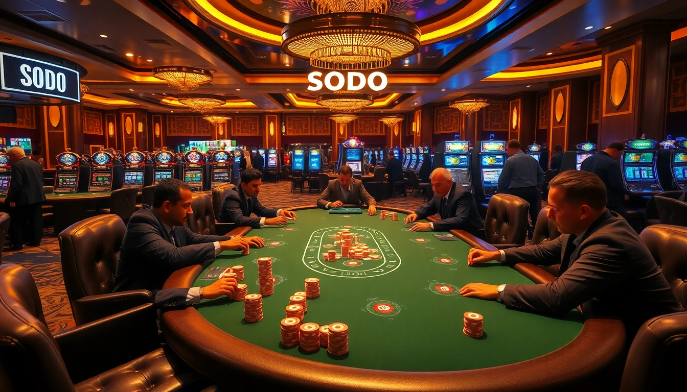 SODO casino scene with players at a poker table, vibrant atmosphere full of excitement.
